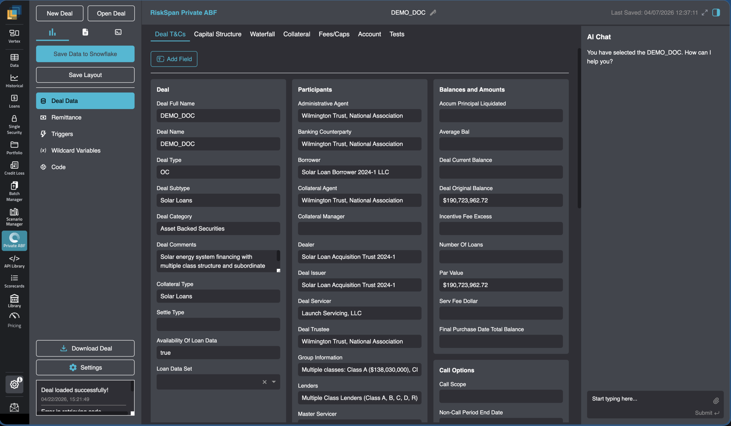 Private ABF Waterfall Modeling — RiskSpan Platform screenshot