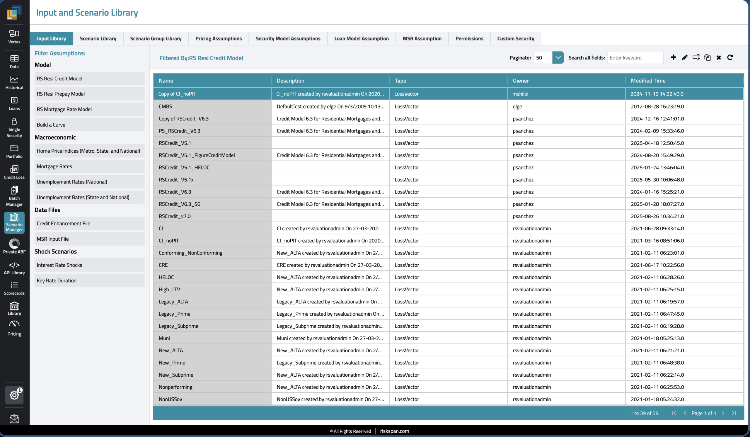 Scenario Library Assumptions — RiskSpan Platform screenshot